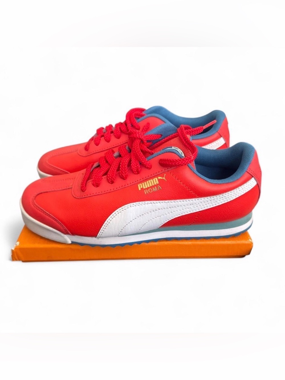 Puma Kids Red & White Roma Sneakers with Blue Lining